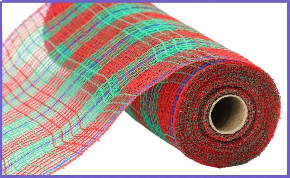 10.25"X10Yd Faux Jute/Check/Foil Mesh  Red/Emerald/Royal Blue  RY8021T6