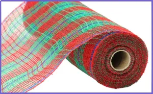 10.25"X10Yd Faux Jute/Check/Foil Mesh  Red/Emerald/Royal Blue  RY8021T6