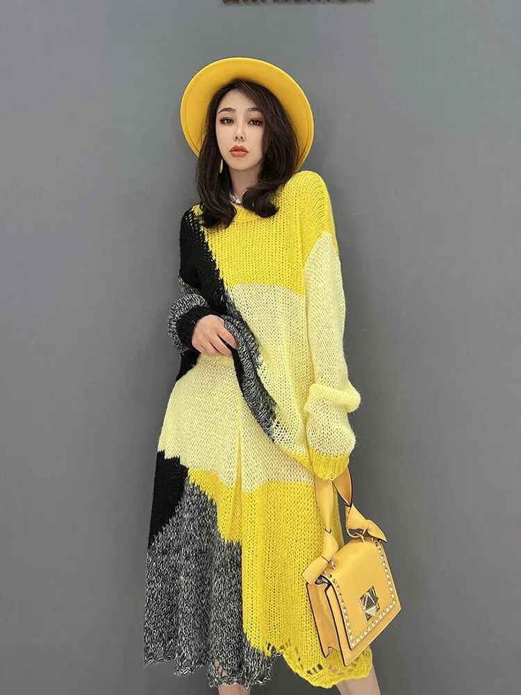 2-Pieces Color Block Knit Top and Midi Skirt Set