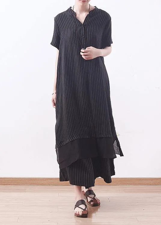 2021 copper ammonia silk stitching chiffon black striped shirt wide leg pants casual suit