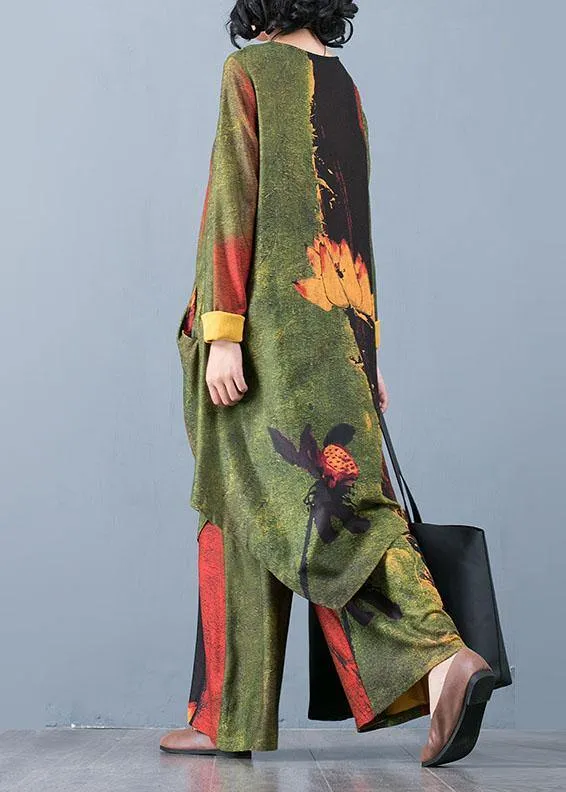 2021 Large Size Women's Chiffon Irregular Long Section Top Loose Wide Leg Pants Green Printed Two-piece Suit