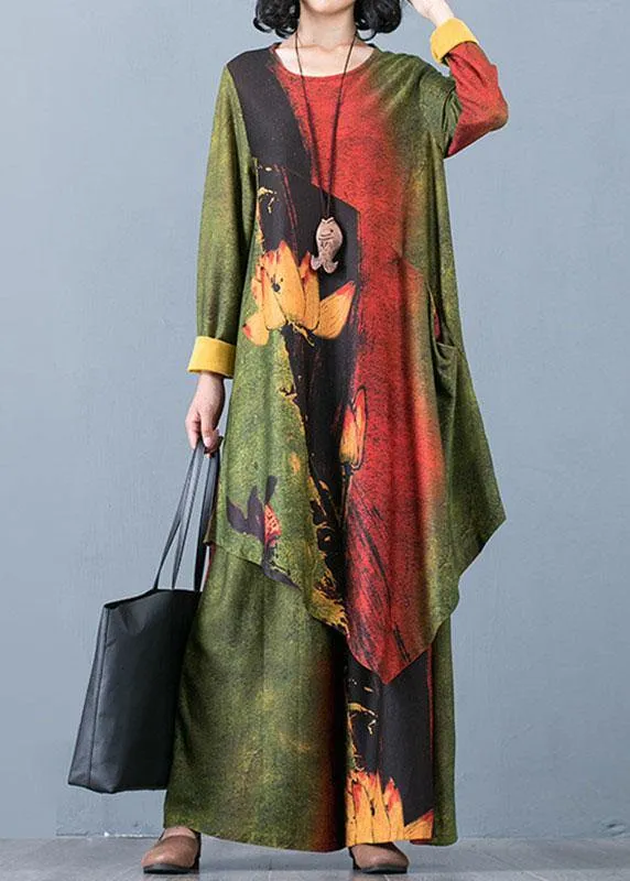 2021 Large Size Women's Chiffon Irregular Long Section Top Loose Wide Leg Pants Green Printed Two-piece Suit