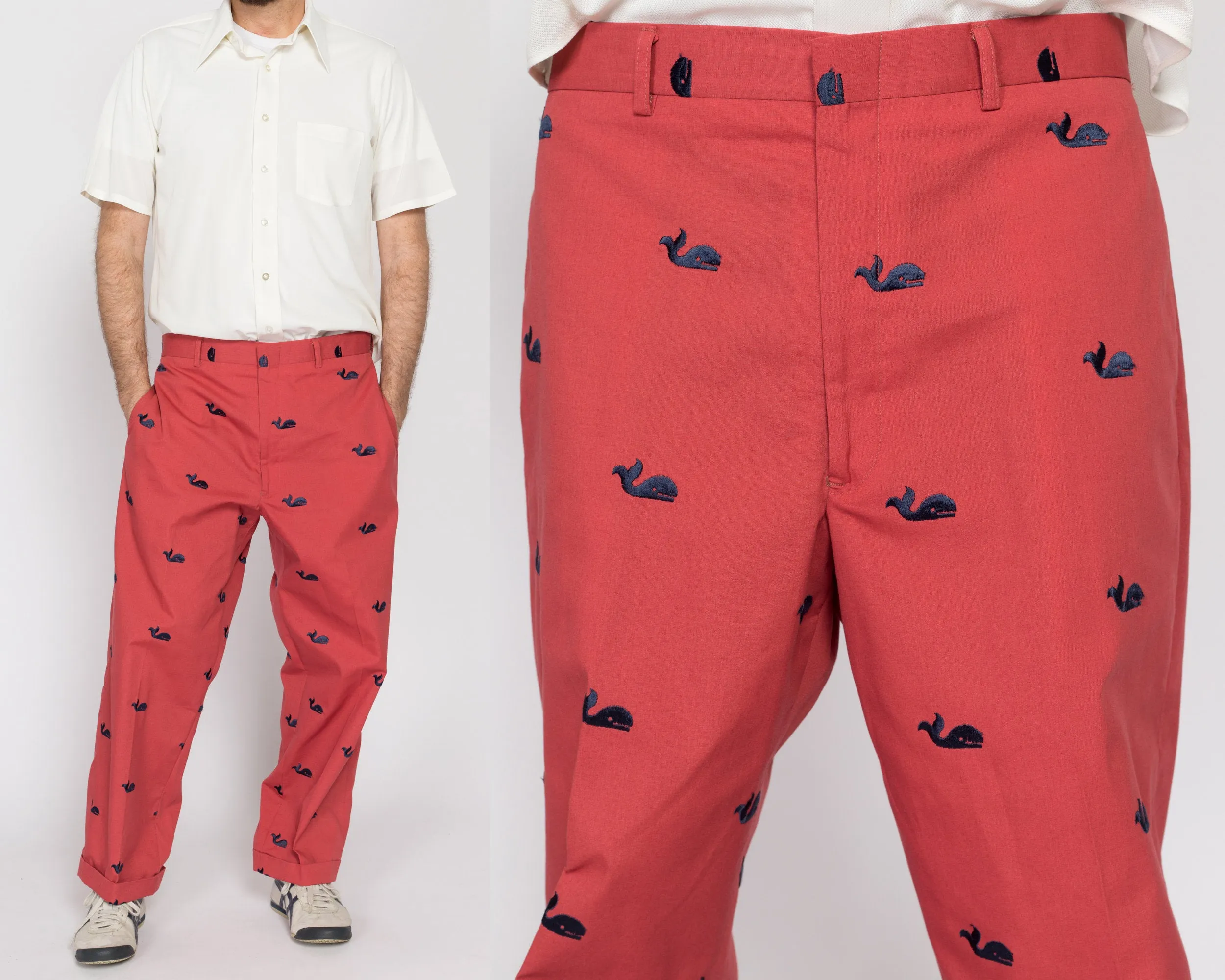 36x27 80s Preppy Salmon Pink Embroidered Whale Cotton Trousers