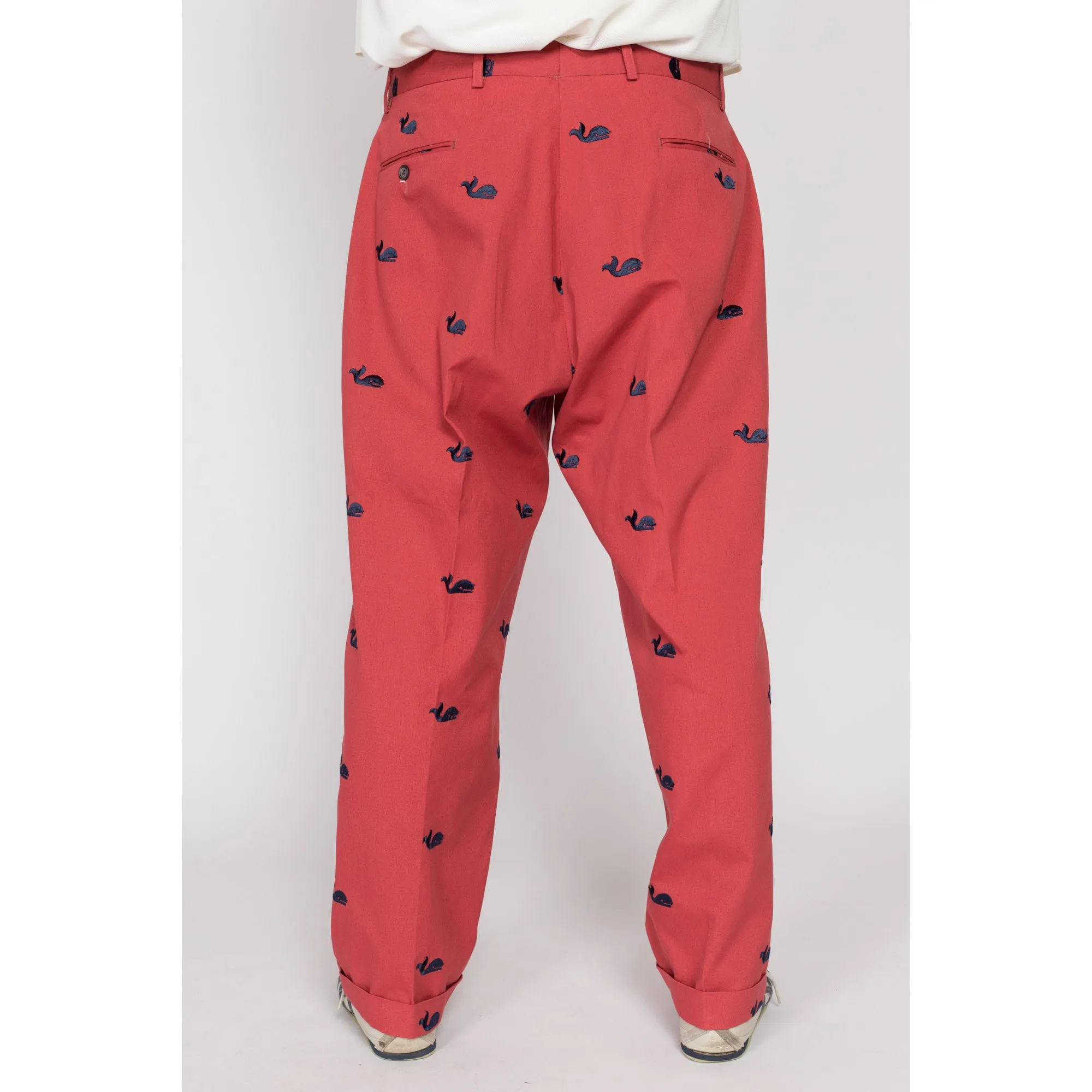 36x27 80s Preppy Salmon Pink Embroidered Whale Cotton Trousers