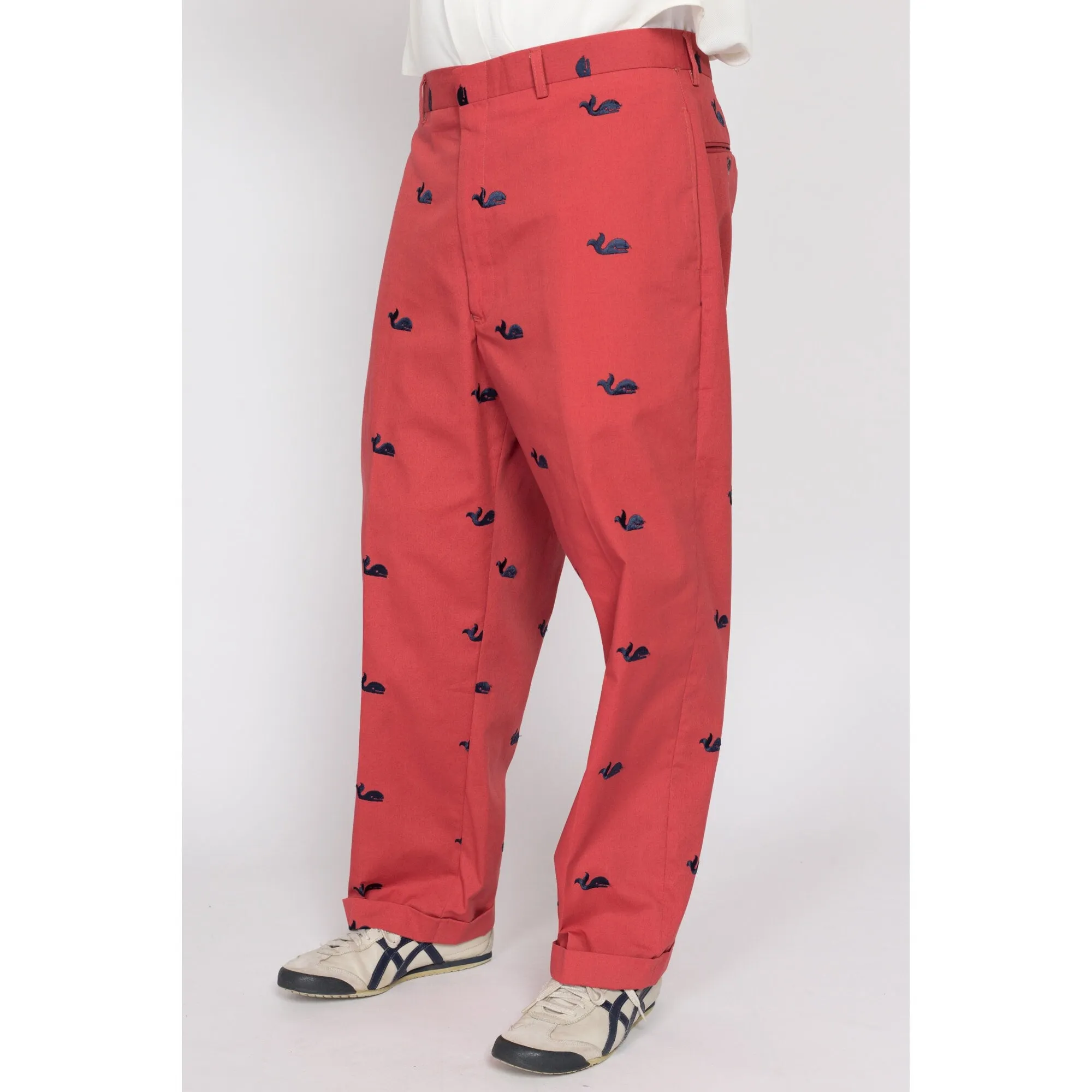 36x27 80s Preppy Salmon Pink Embroidered Whale Cotton Trousers