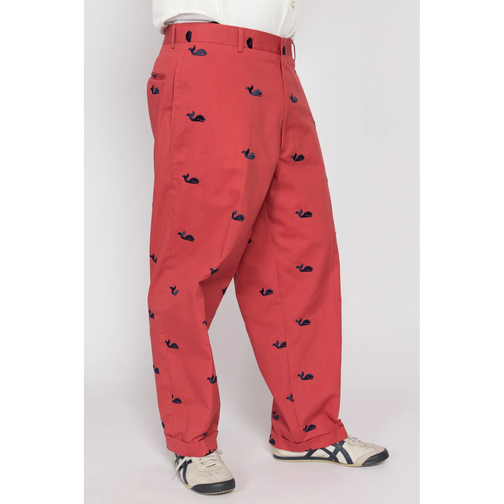 36x27 80s Preppy Salmon Pink Embroidered Whale Cotton Trousers