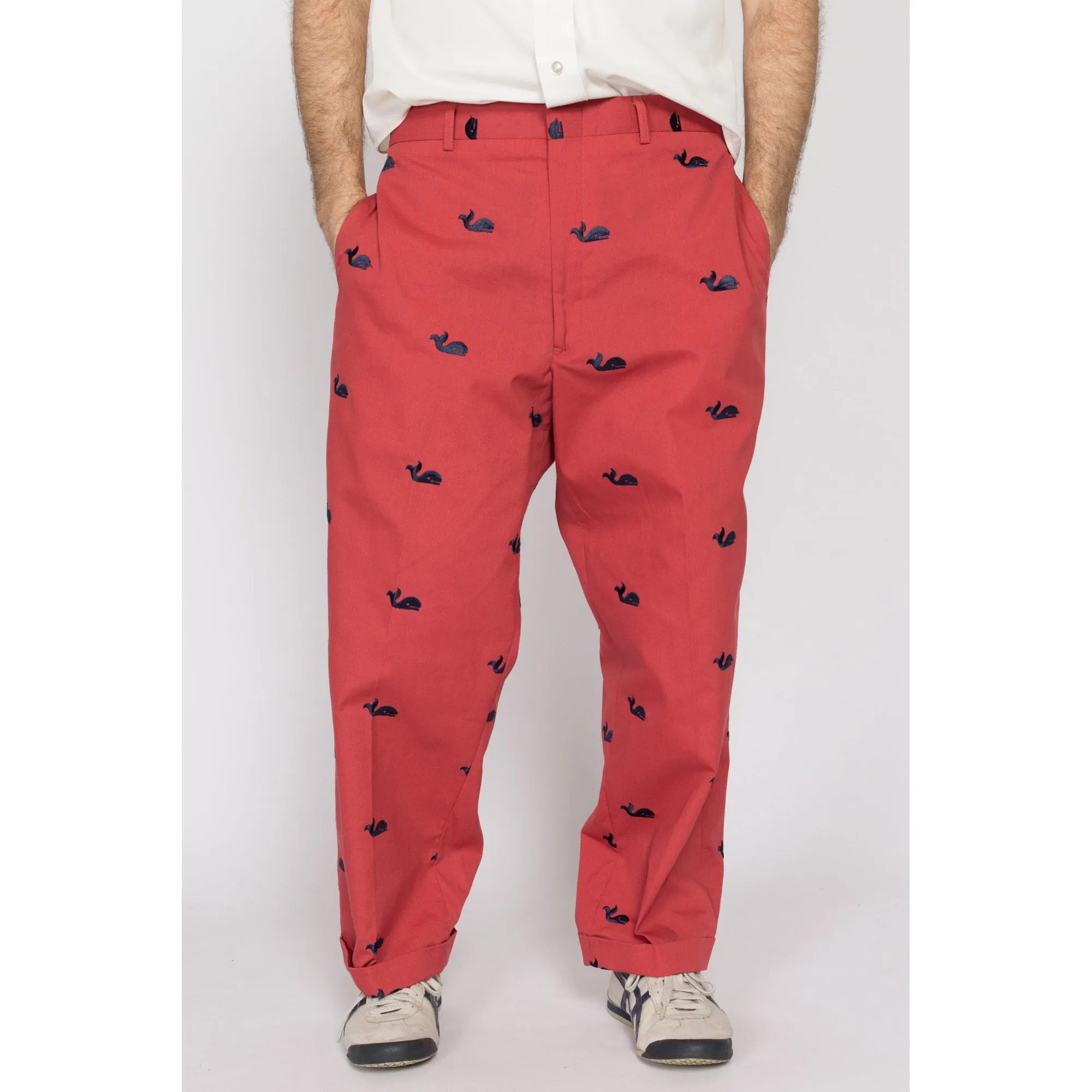 36x27 80s Preppy Salmon Pink Embroidered Whale Cotton Trousers