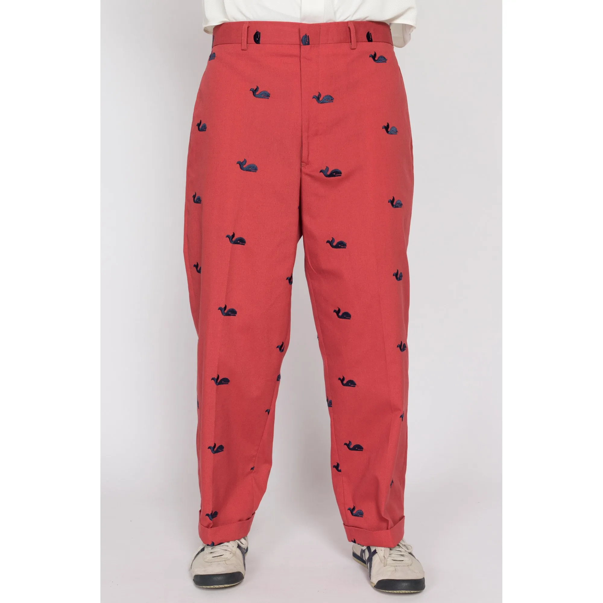 36x27 80s Preppy Salmon Pink Embroidered Whale Cotton Trousers