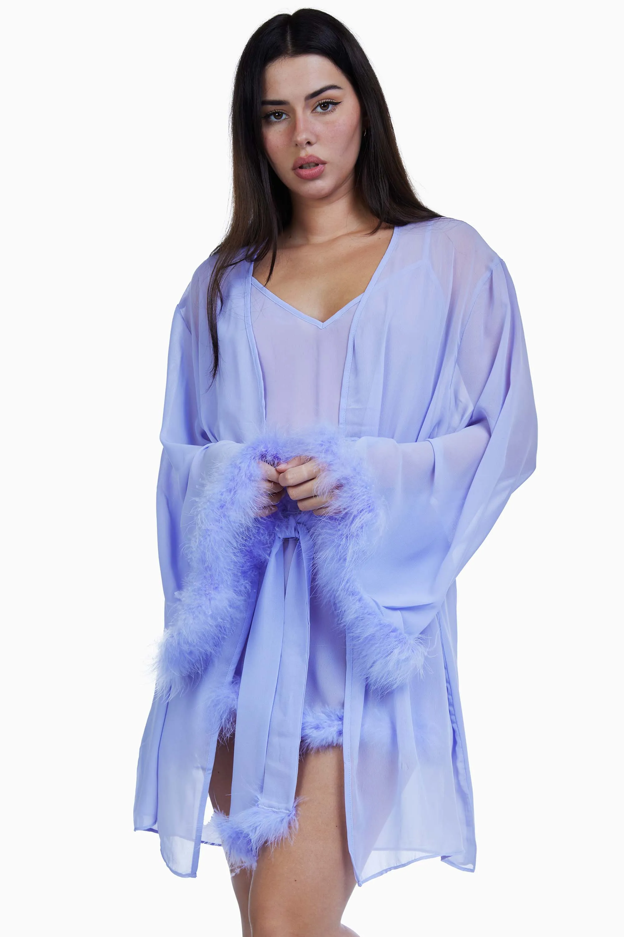 Bettie Page Lilac Chiffon Feather Robe