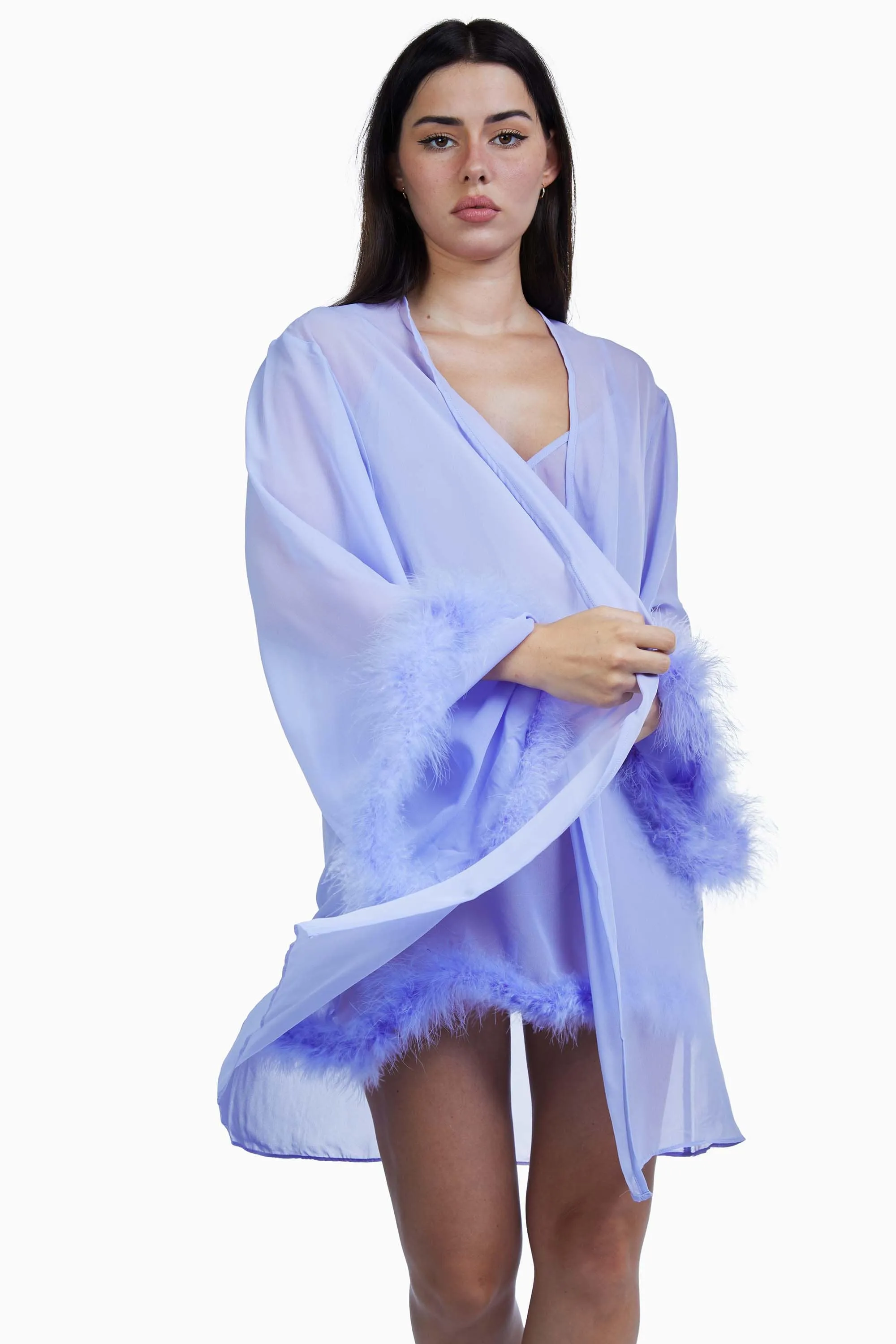 Bettie Page Lilac Chiffon Feather Robe