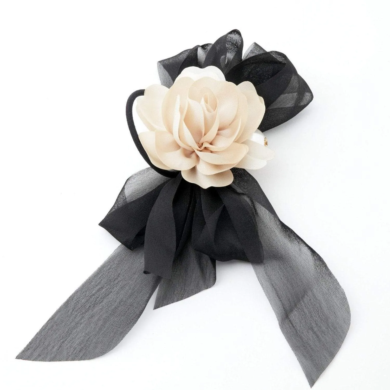 Black Chiffon Bow Flower Hair Elastics Ponytail Holder Women Hair Accessory