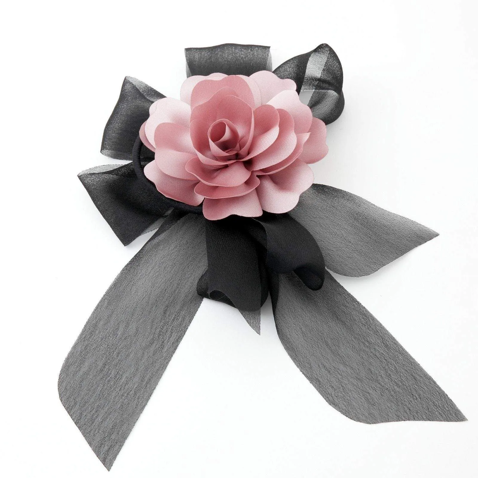 Black Chiffon Bow Flower Hair Elastics Ponytail Holder Women Hair Accessory