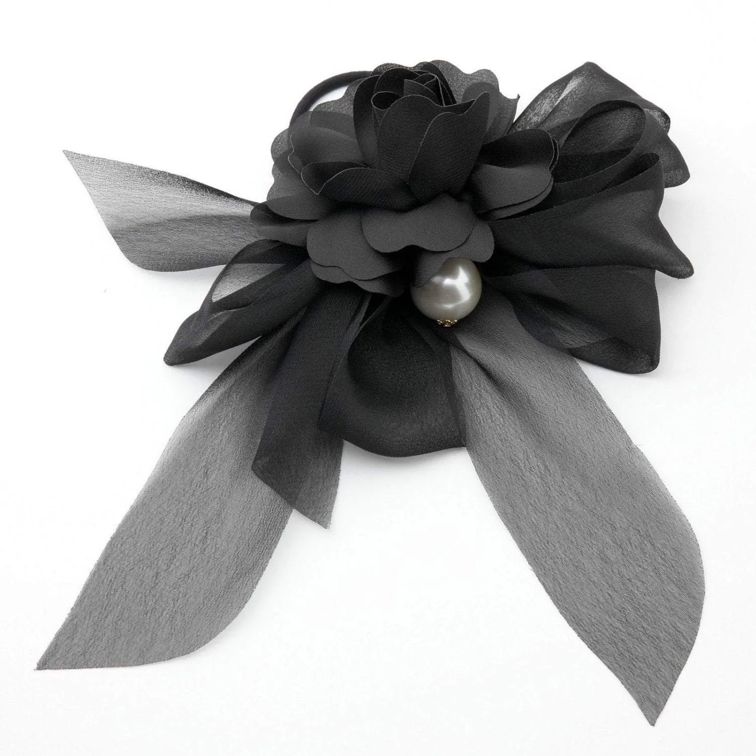 Black Chiffon Bow Flower Hair Elastics Ponytail Holder Women Hair Accessory