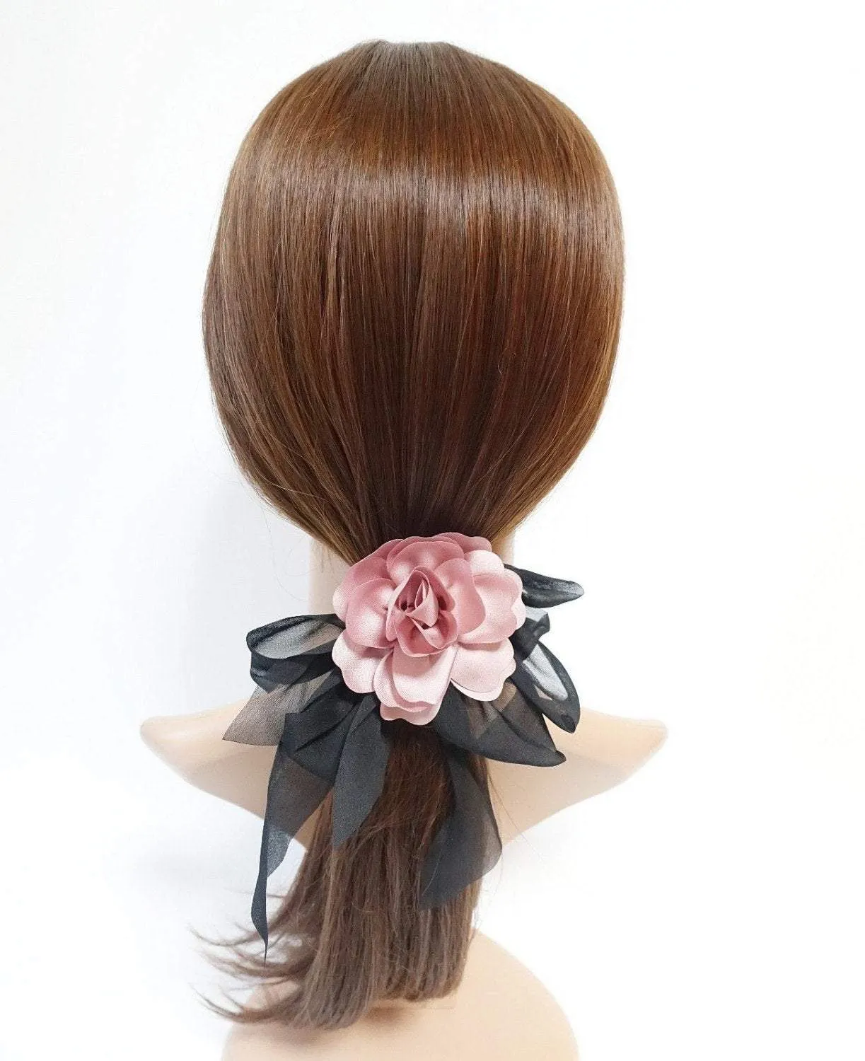 Black Chiffon Bow Flower Hair Elastics Ponytail Holder Women Hair Accessory