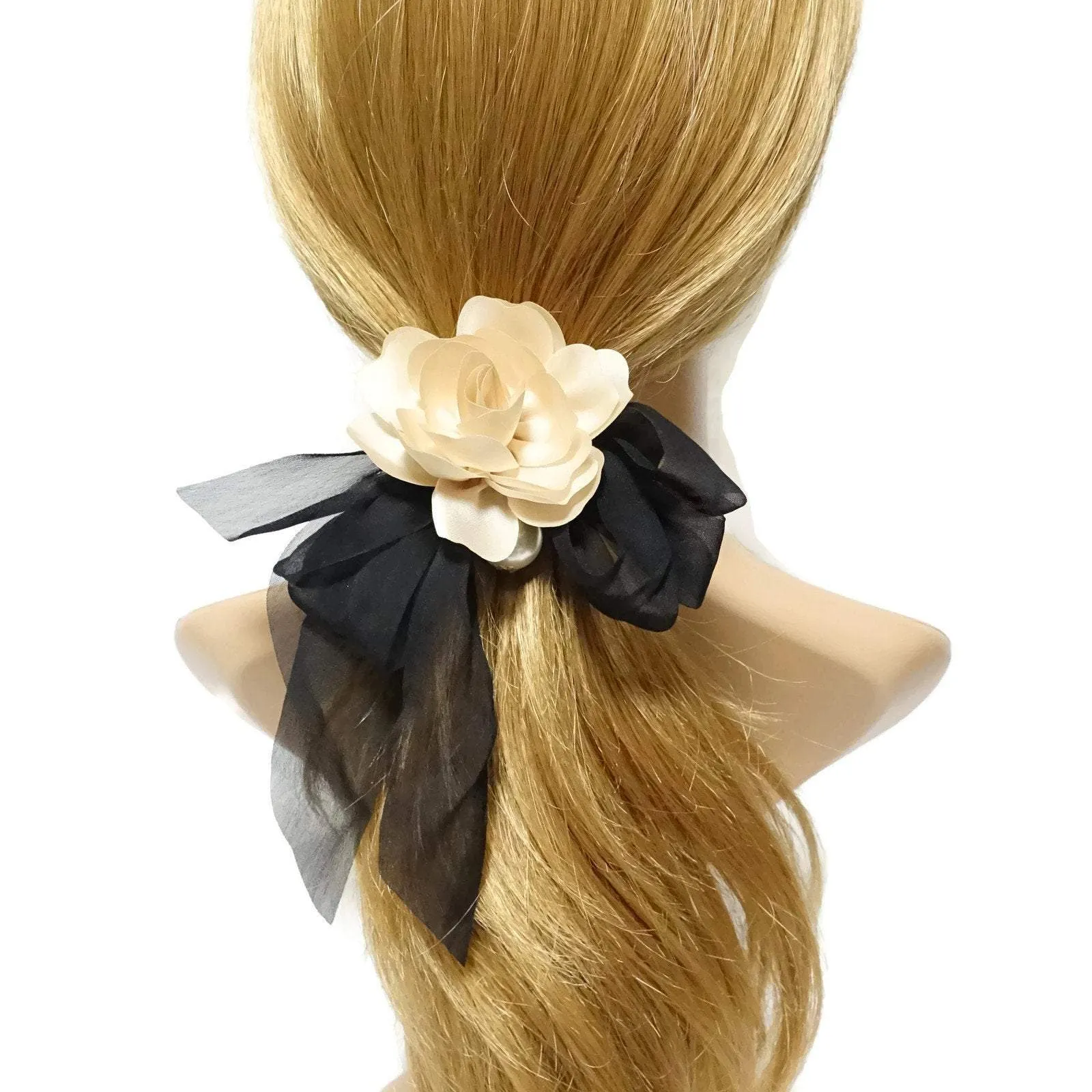 Black Chiffon Bow Flower Hair Elastics Ponytail Holder Women Hair Accessory