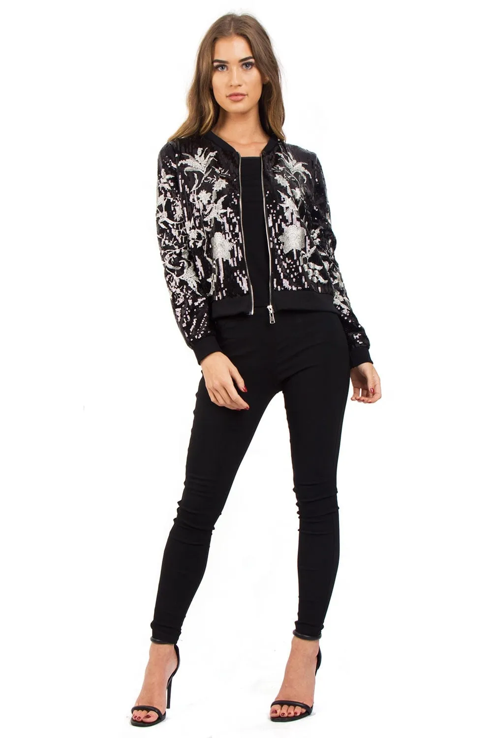 Black Floral Sequin Zip Jacket