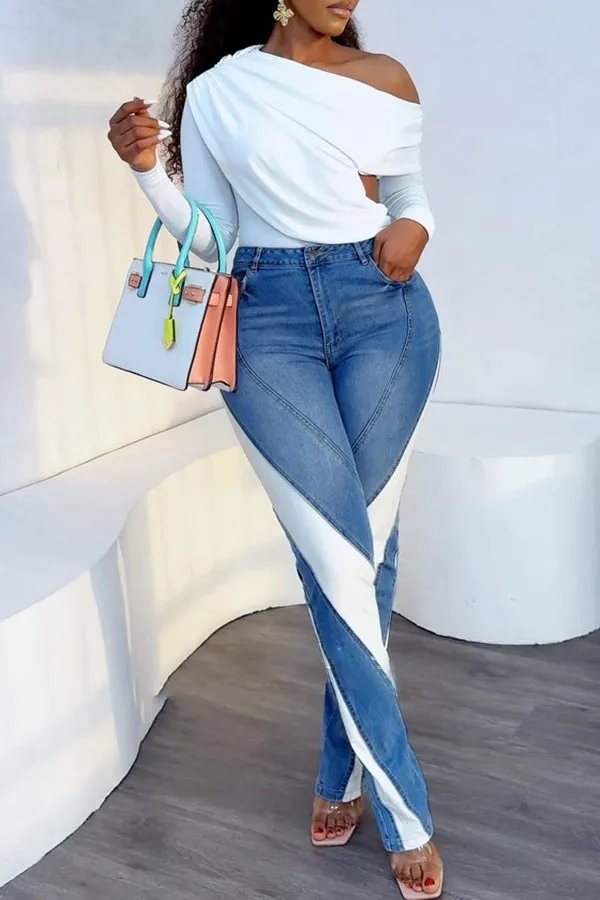 Chic High Waist Two Tone Jeans