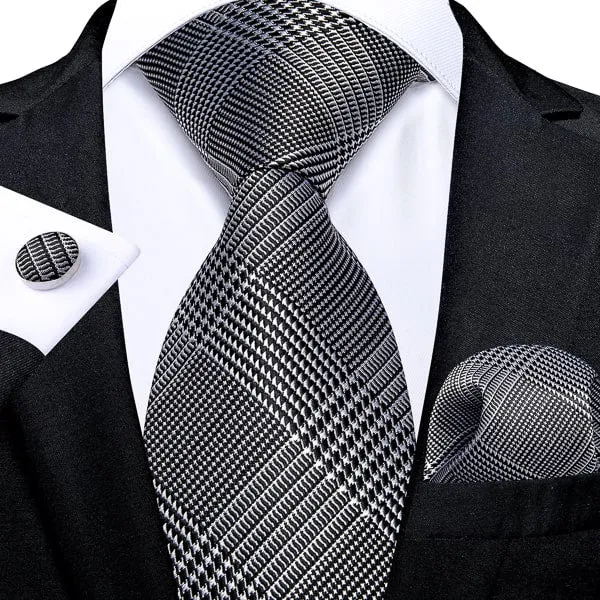 Classy Men Black White Glen Plaid Silk Tie