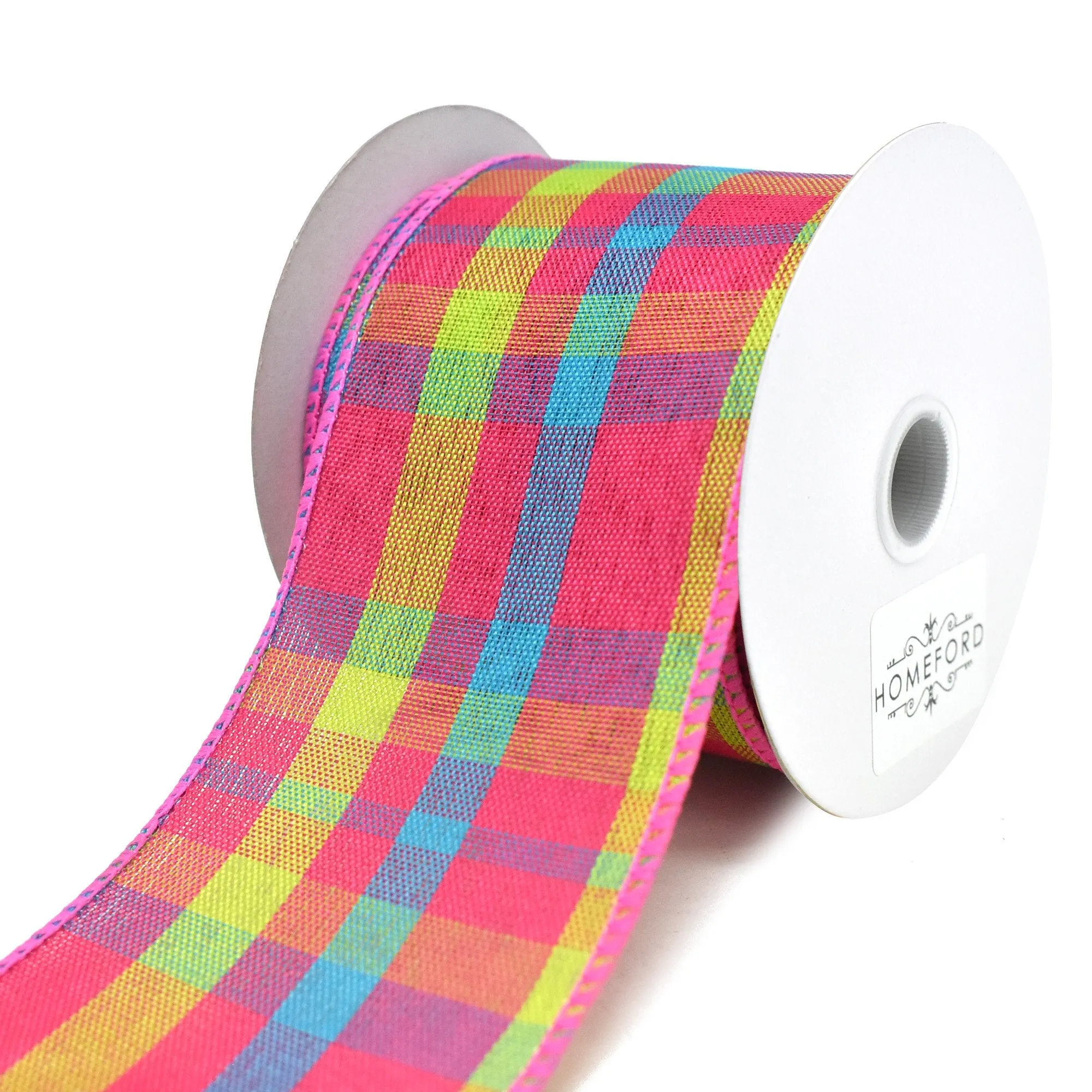 Color Chic Plaid Wired Edge Linen Ribbon, 2-1/2-Inch, 3-Yard, Pink/Turquoise