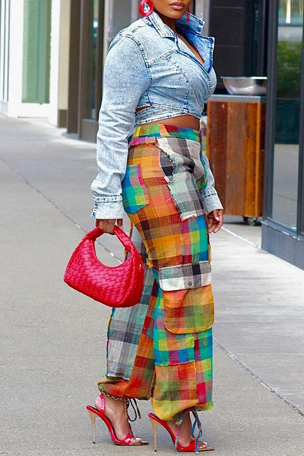 Colorful Plaid Flap Pockets Pants