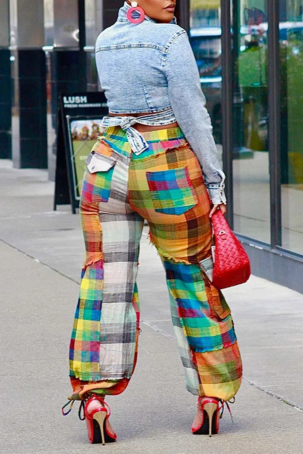 Colorful Plaid Flap Pockets Pants