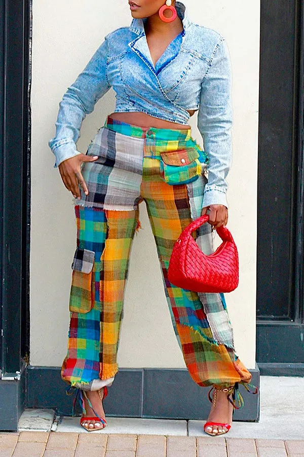 Colorful Plaid Flap Pockets Pants