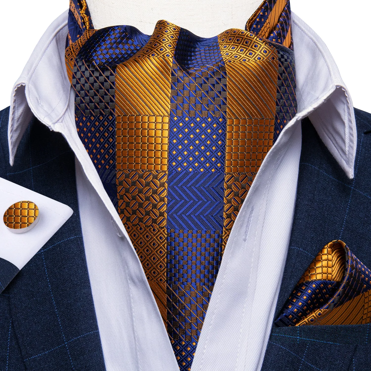 DiBanGu Ascot Tie Blue Yellow Plaid Silk Cravat Ascot Tie Pocket Square Cufflinks With Tie Ring Set