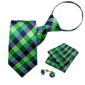 DiBanGu Silk Tie Blue Green Plaid Easy-pull Lazy Mens Tie Pocket Square Cufflinks Set