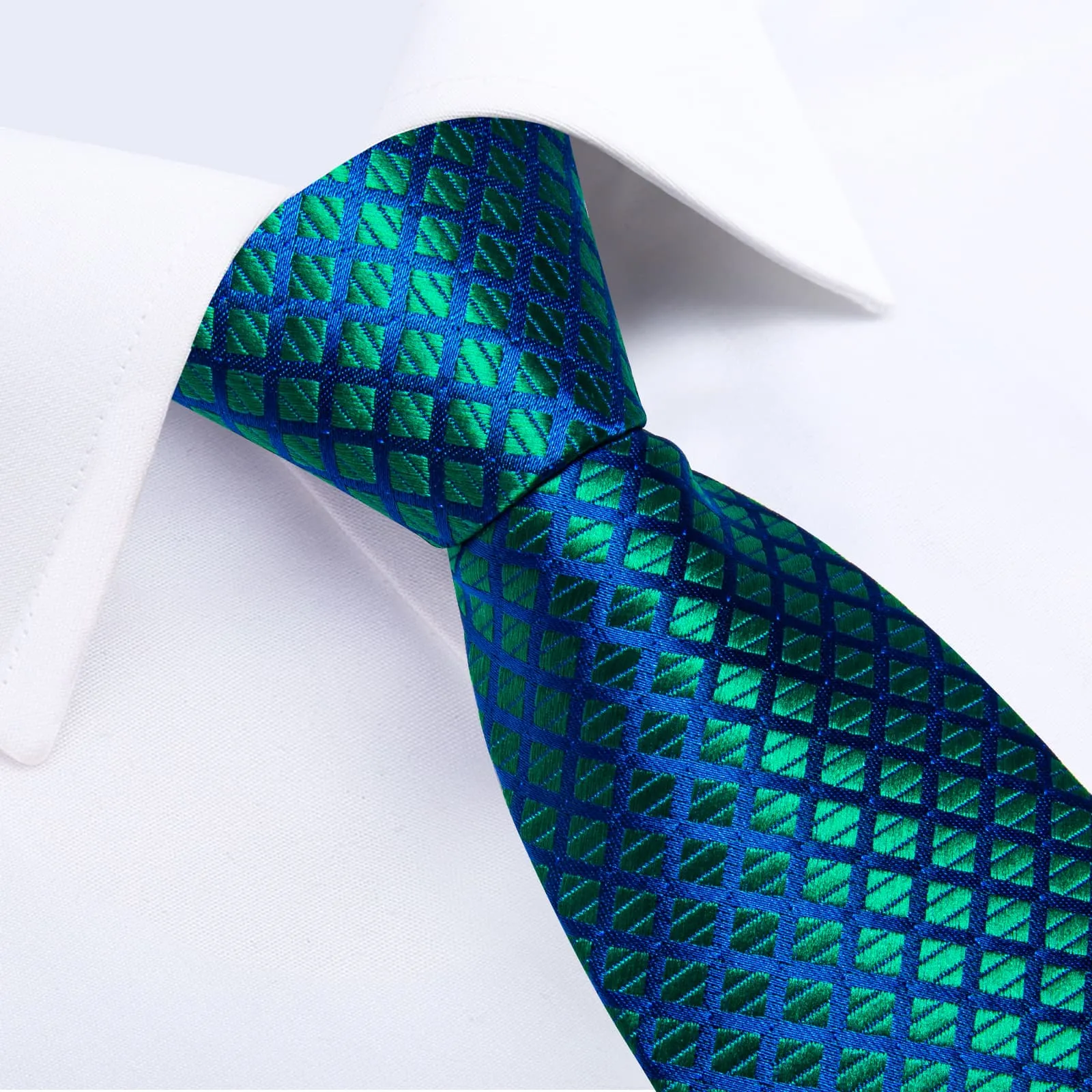 DiBanGu Silk Tie Emerald Green Blue Plaid Lazy Easy-pull Mens Dress Tie Set