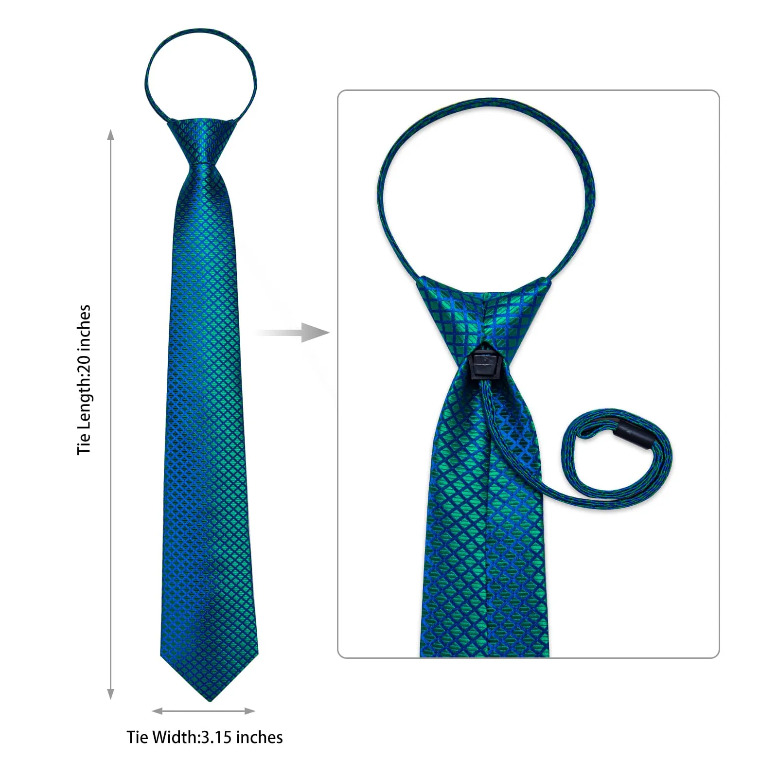 DiBanGu Silk Tie Emerald Green Blue Plaid Lazy Easy-pull Mens Dress Tie Set