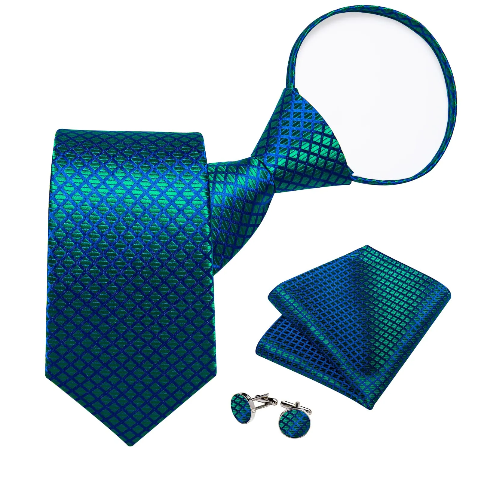 DiBanGu Silk Tie Emerald Green Blue Plaid Lazy Easy-pull Mens Dress Tie Set