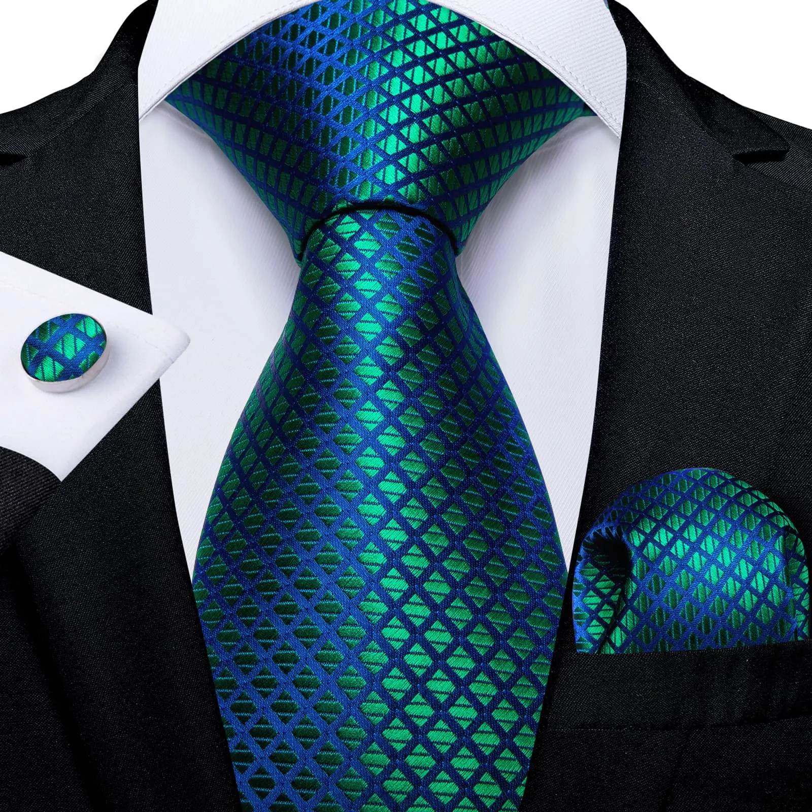 DiBanGu Silk Tie Emerald Green Blue Plaid Lazy Easy-pull Mens Dress Tie Set