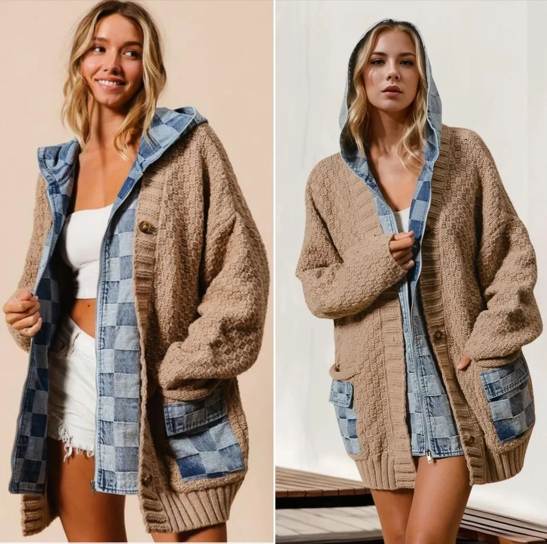 Double Take Full Size Hooded Denim Spliced Sweater Cardigan