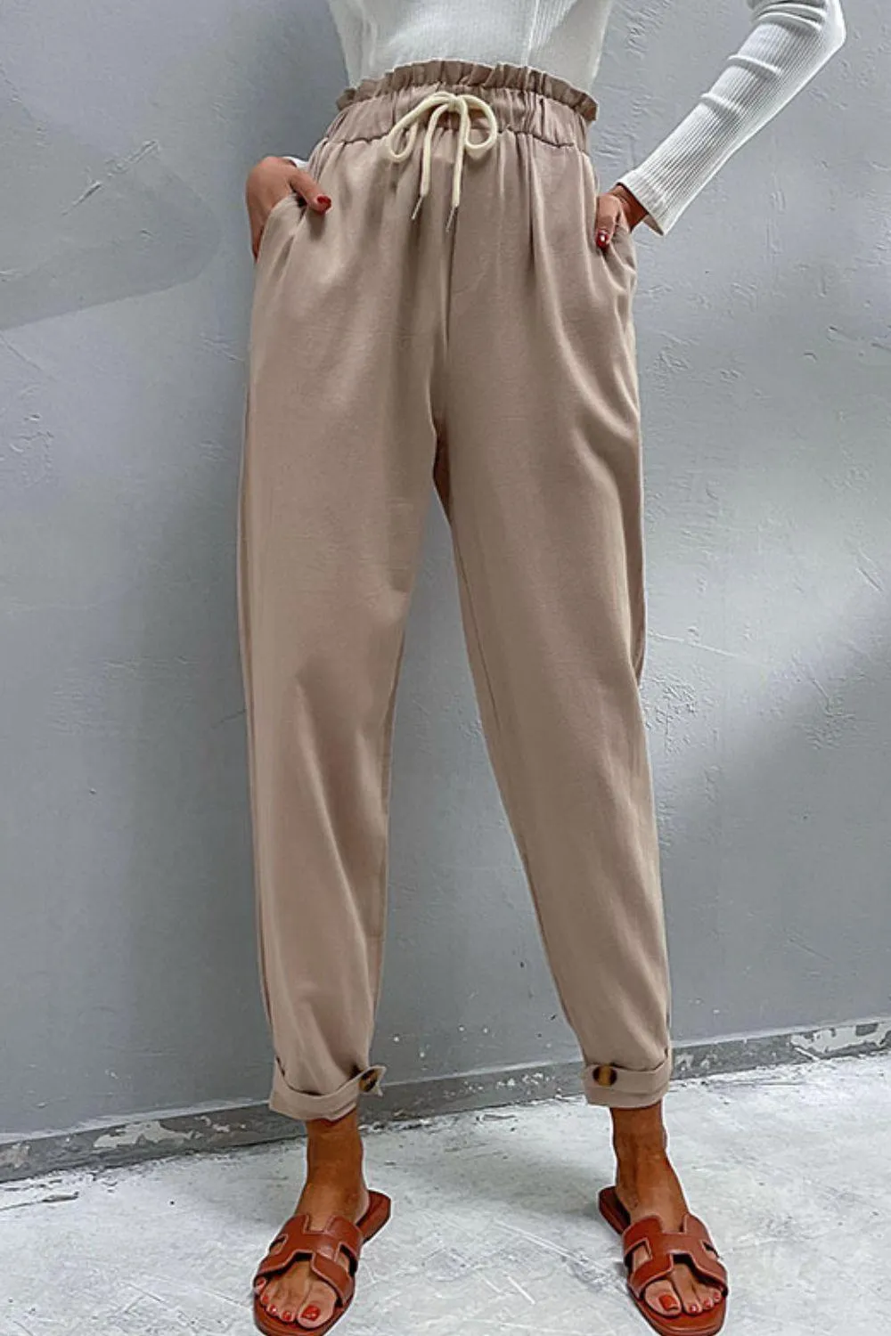 Drawstring Paperbag Waist Button Detail Pants