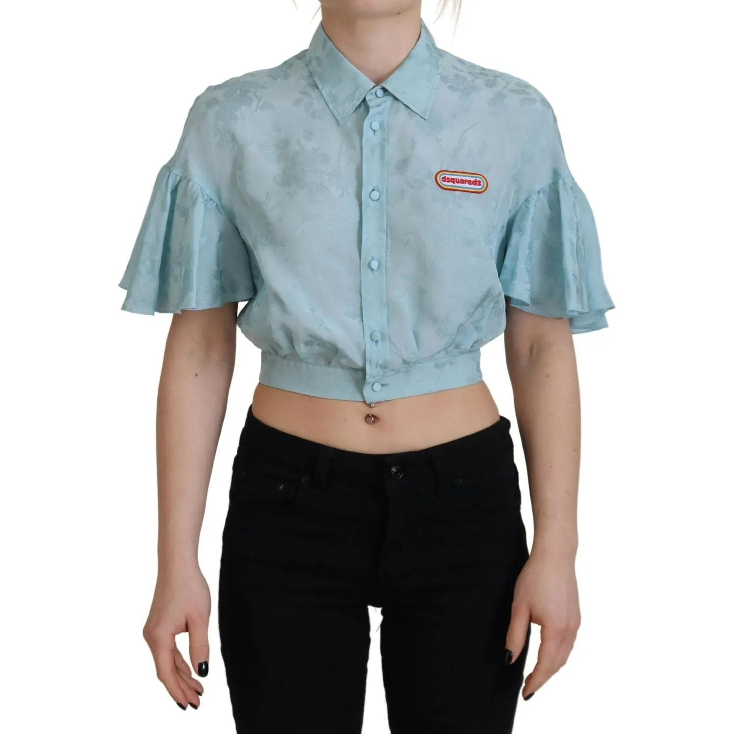 Dsquared² Blue Collared Button Down Short Sleeve Cropped Top