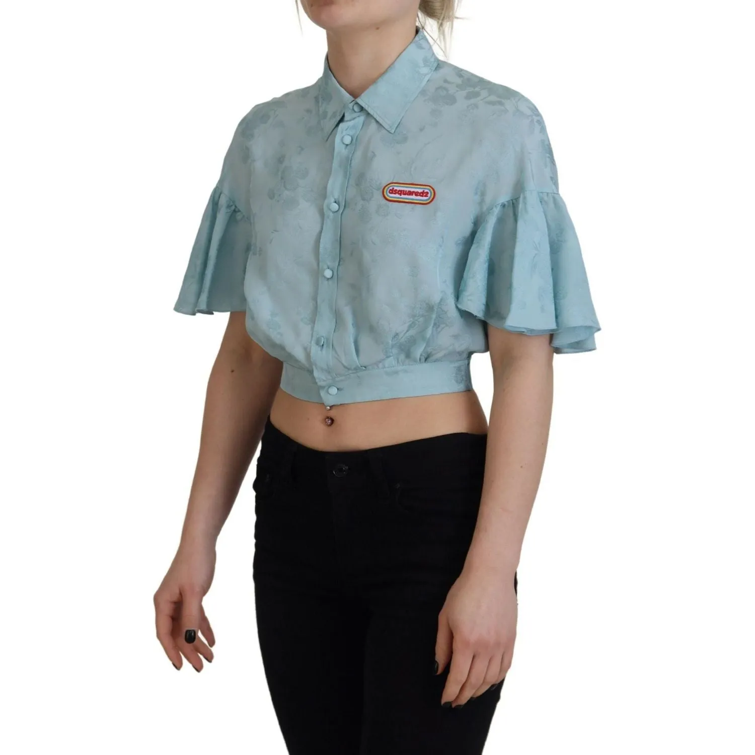 Dsquared² Blue Collared Button Down Short Sleeve Cropped Top