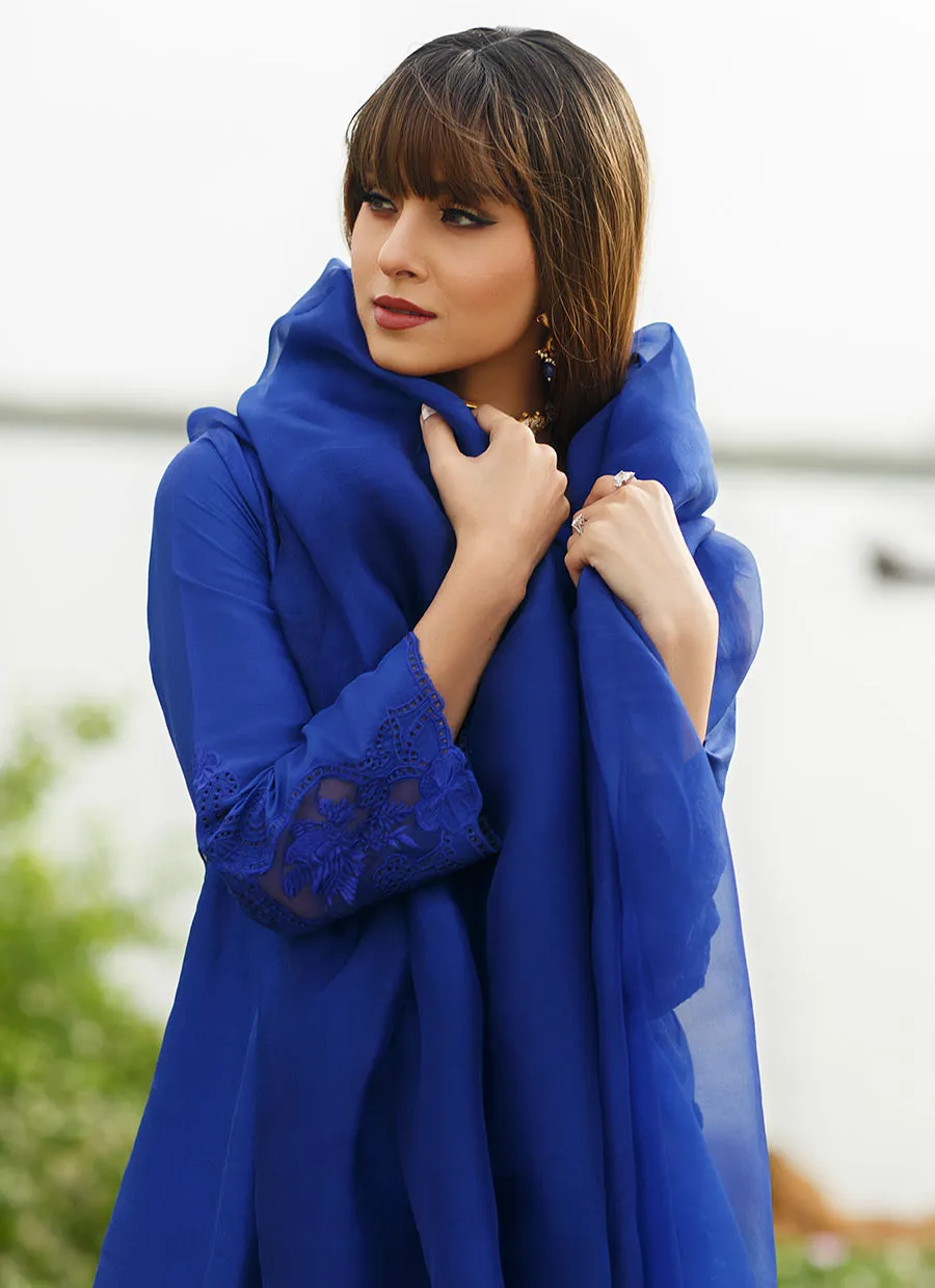 Egyption Blue Column shirt with Pure organza embroidered dupatta