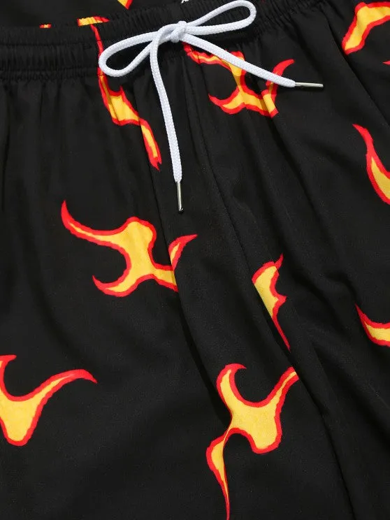 Flame Print Shirt And Cropped Pants Set