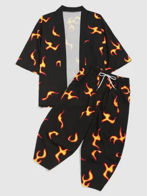 Flame Print Shirt And Cropped Pants Set