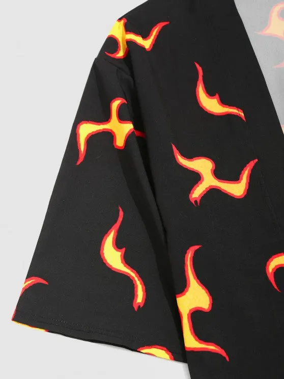 Flame Print Shirt And Cropped Pants Set