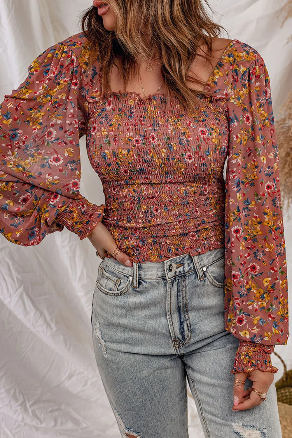 Floral Smocked Lantern Sleeve Blouse