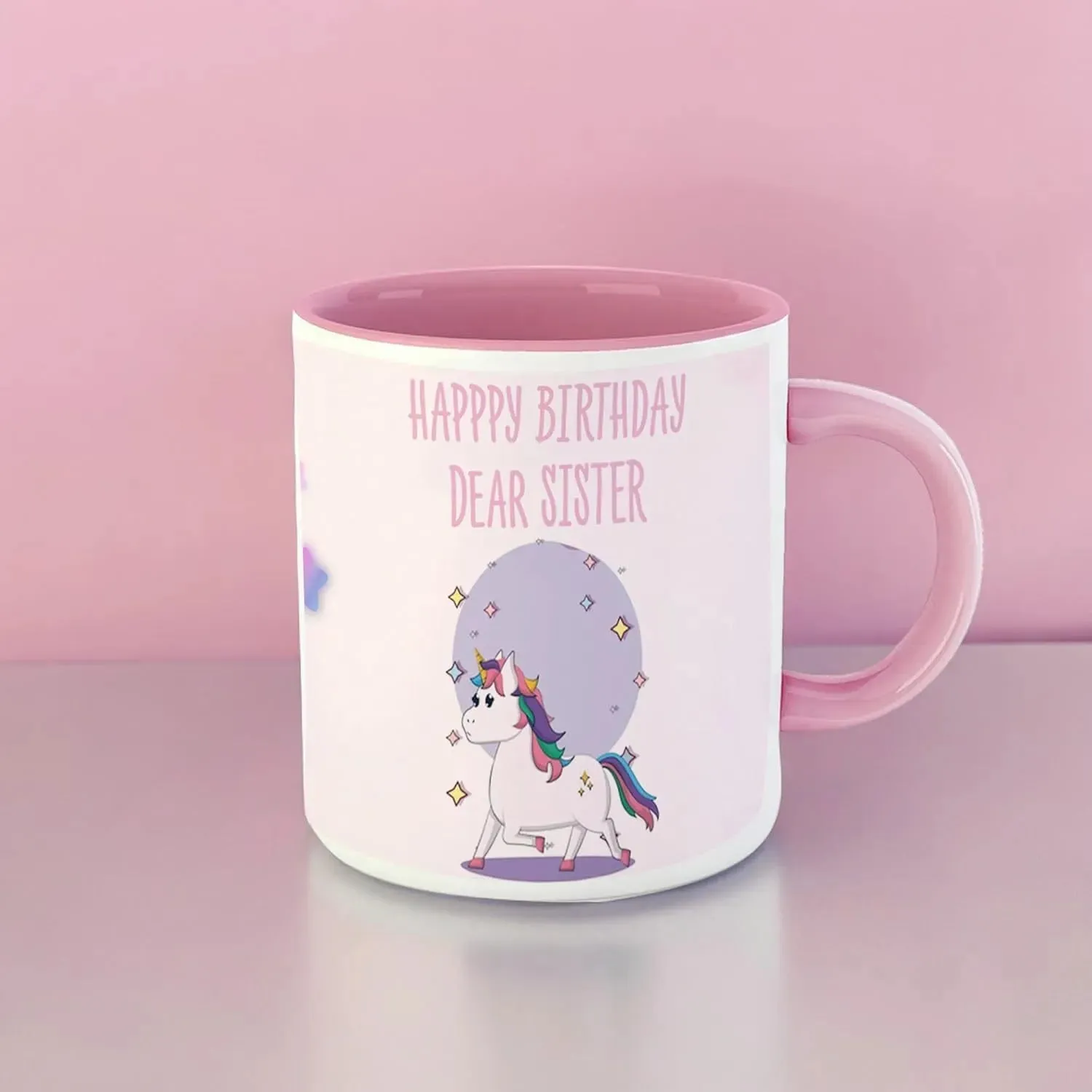 Happy Birthday Sister Printed Pink Inner Colour Ceramic Coffee Mug Best Gift for Sister