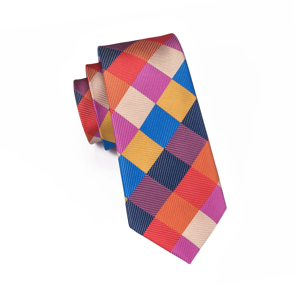 Hi-Tie Checkered Necktie Red Blue Plaid Tie Pocket Square Cufflinks Set