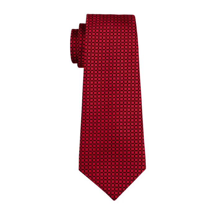 Hi-Tie Fresh Red Plaid Men's Necktie Pocket Square Cufflinks Set