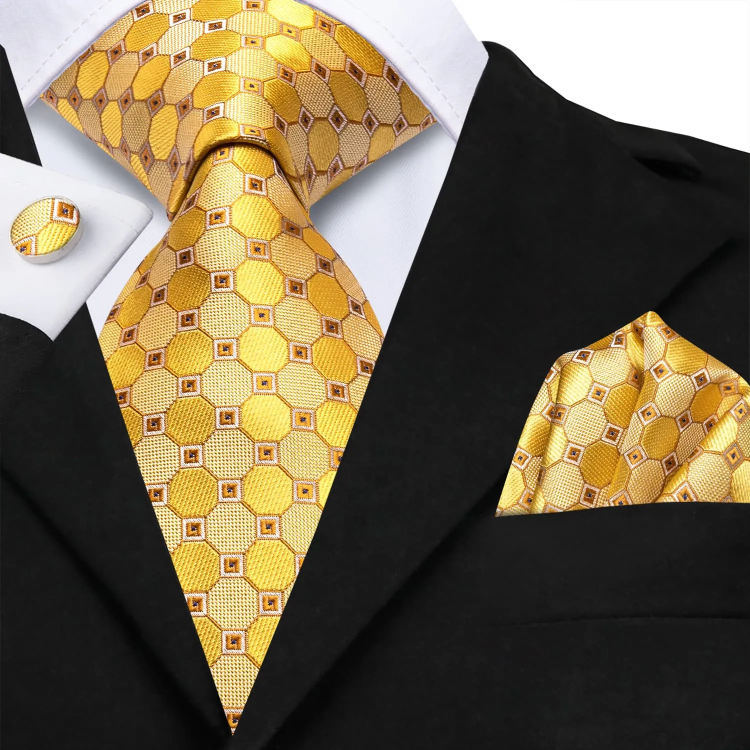 Hi-Tie Plaid Yellow Tie Jacquard Silk Necktie Set for Men