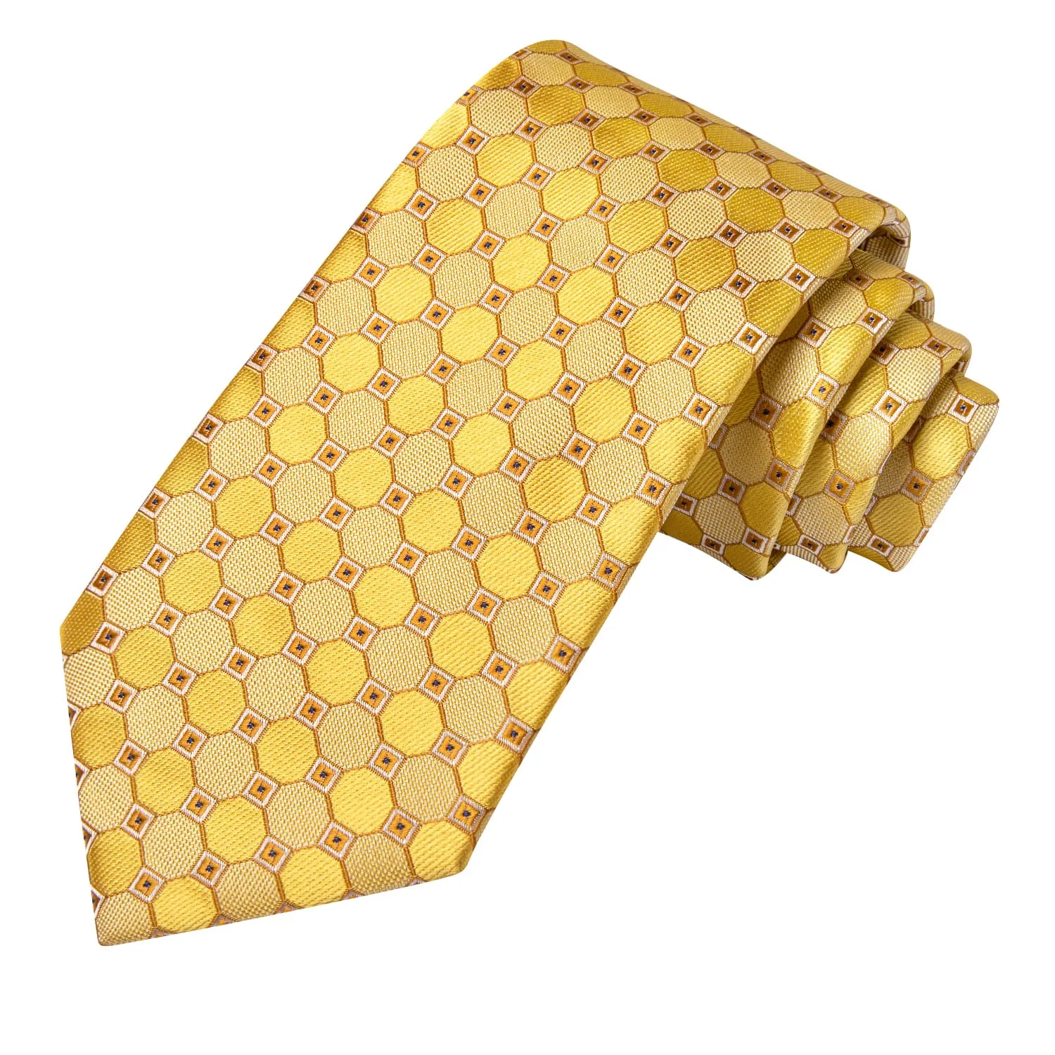 Hi-Tie Plaid Yellow Tie Jacquard Silk Necktie Set for Men