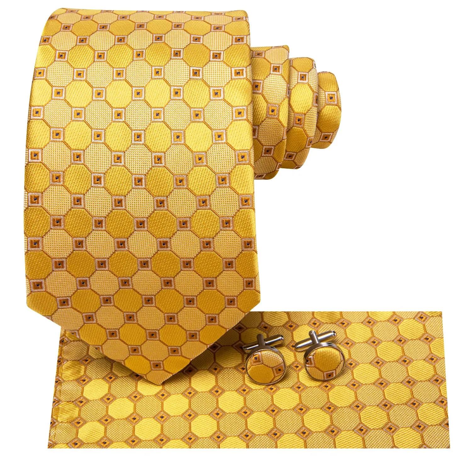 Hi-Tie Plaid Yellow Tie Jacquard Silk Necktie Set for Men