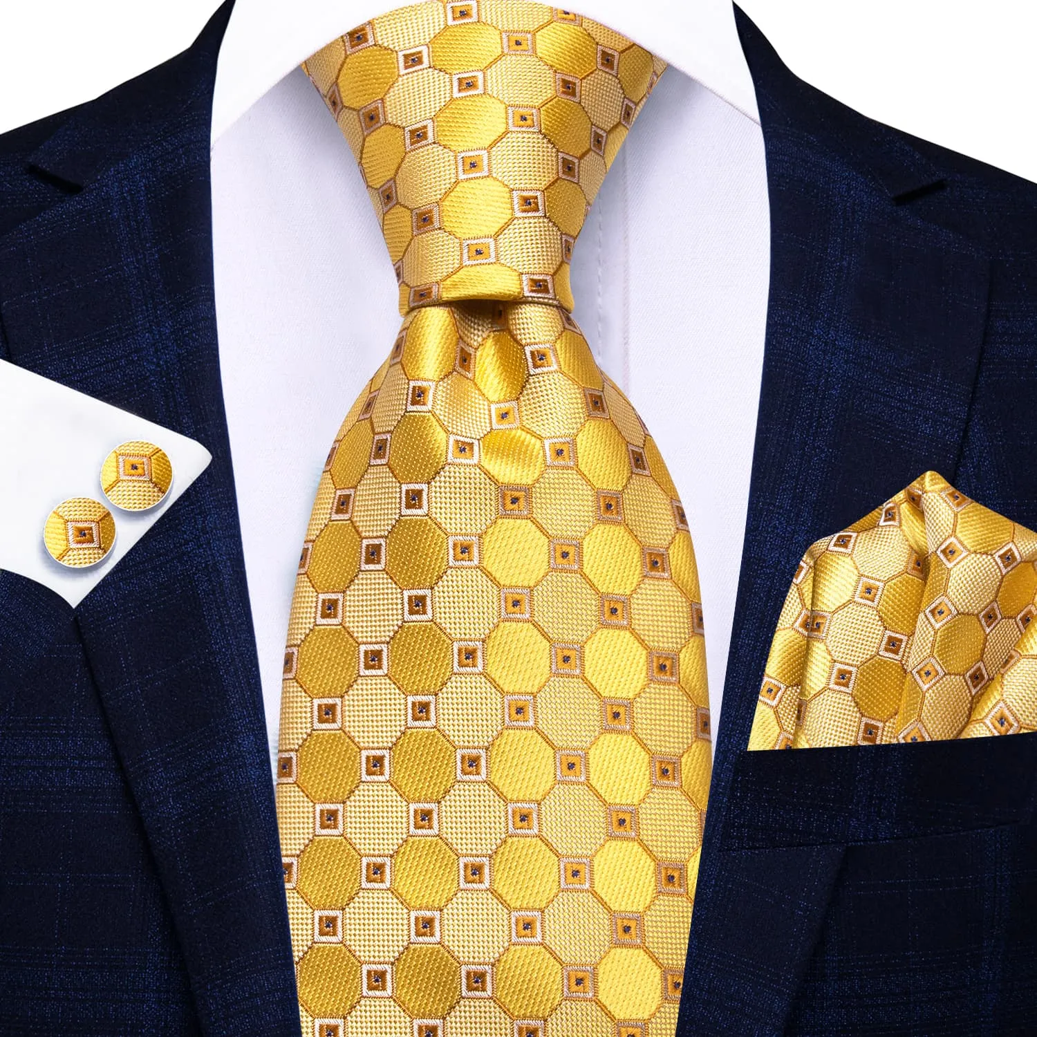 Hi-Tie Plaid Yellow Tie Jacquard Silk Necktie Set for Men