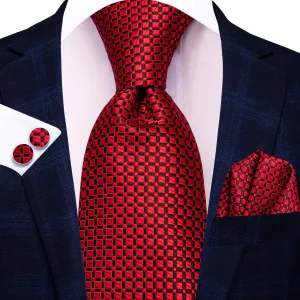 Hi-Tie Red Plaid 67 Inches Extra Long Tie Handkerchief Cufflinks Set