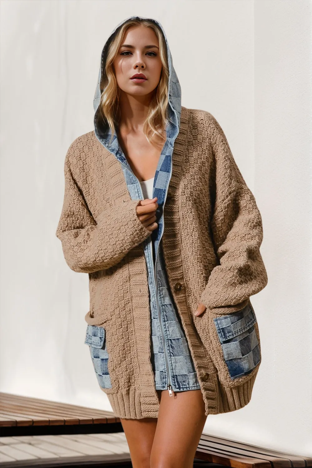 Hooded Denim Spliced Sweater Cardigan